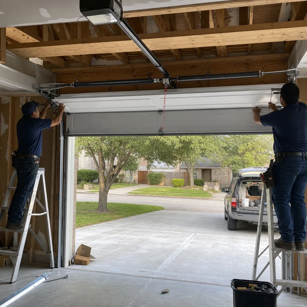 Two technicians professionally installing a new residential garage door