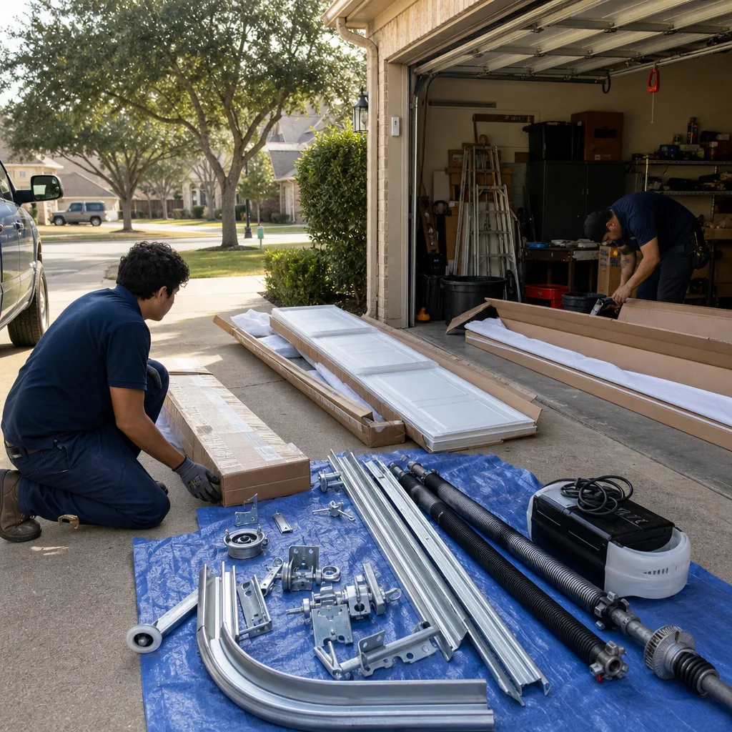 Technicians performing a residential garage door installation with parts laid out.