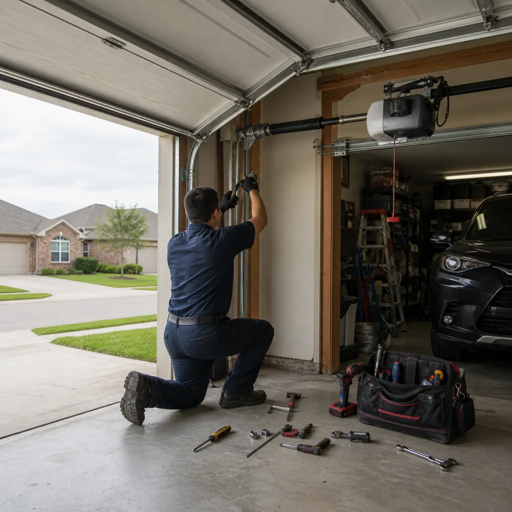 Technician performing professional garage door opener maintenance and repair