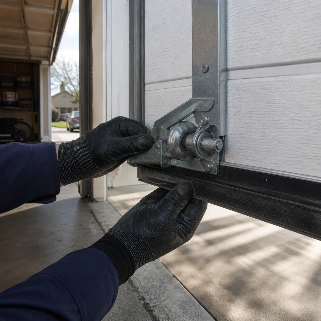 Technician performing professional garage door hinge and roller maintenance.