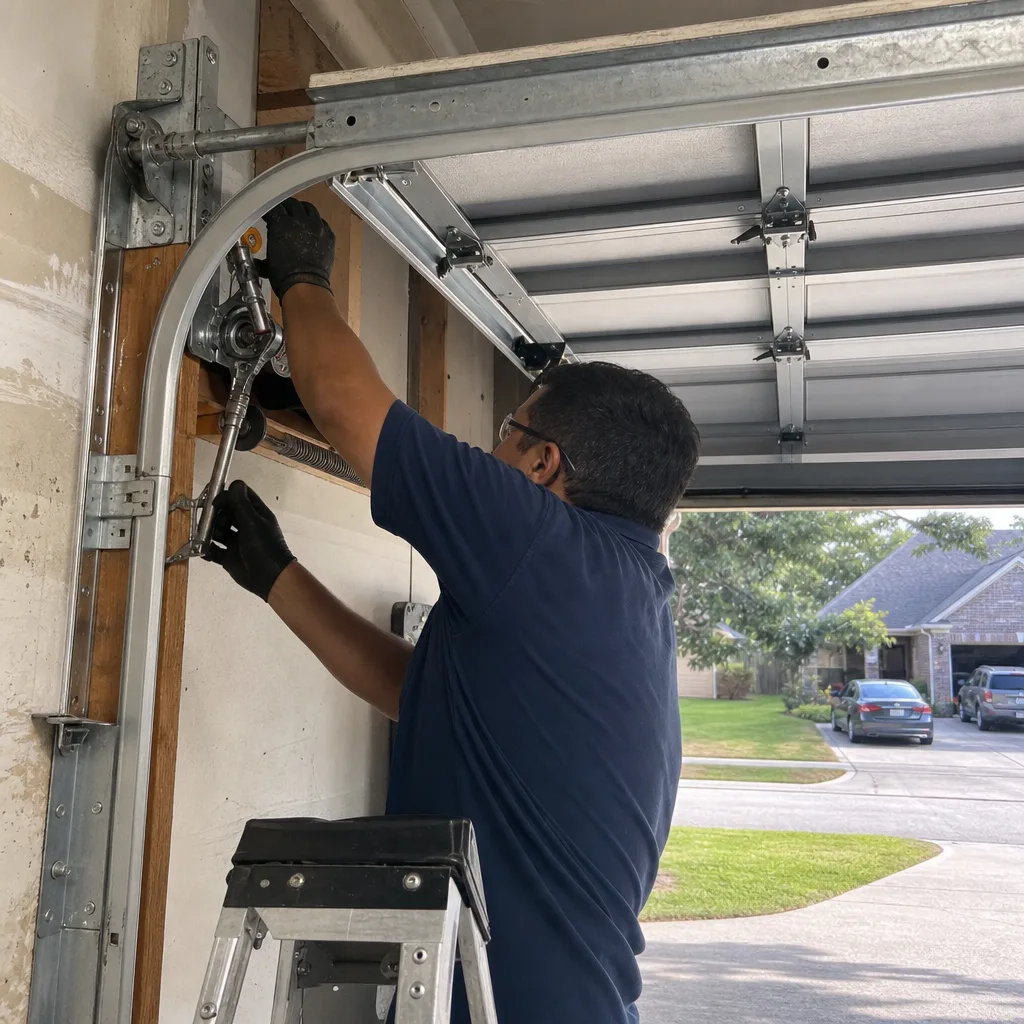 Technician performing professional garage door repair and maintenance