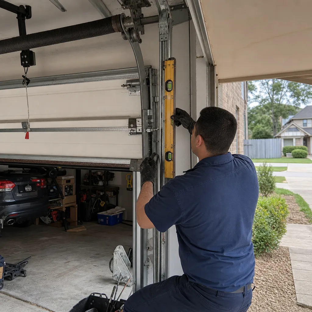 Technician using a level to repair a garage door track