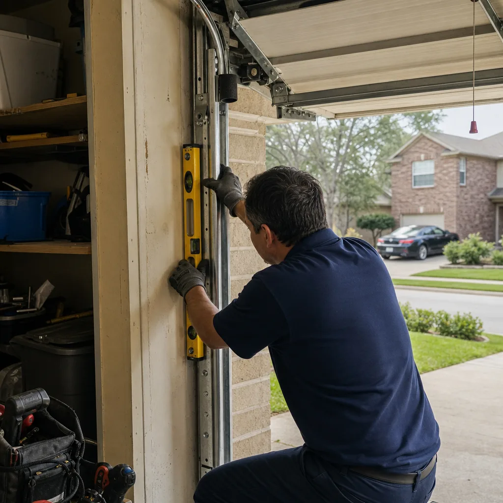 Technician using a level to align a garage door track