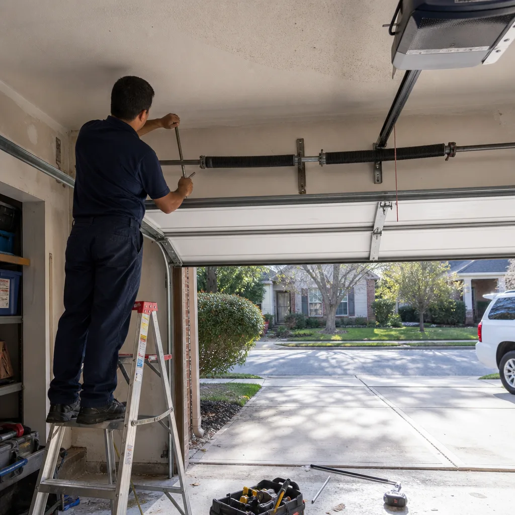Technician performing professional garage door spring repair and maintenance