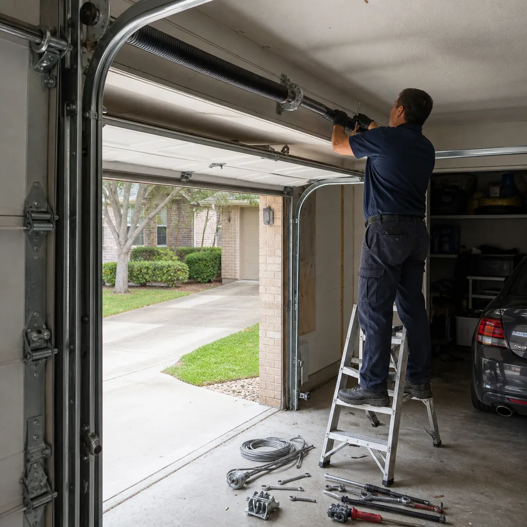 Technician performing professional emergency garage door spring repair in a garage nationwide