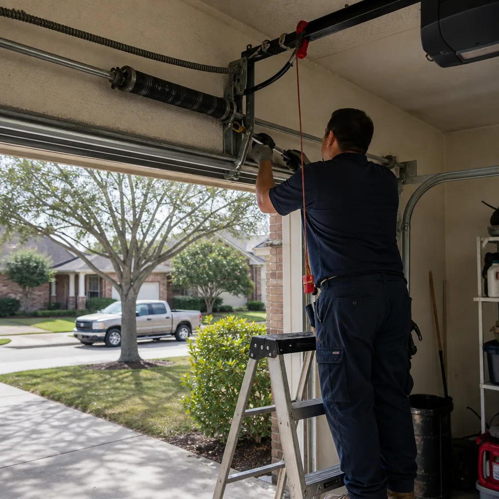 Technician performing emergency garage door spring repair and maintenance nationwide
