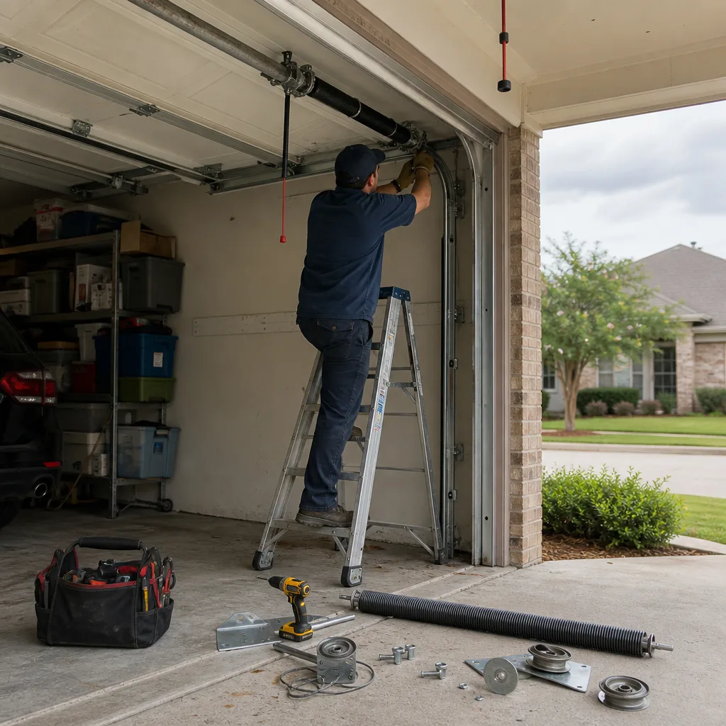 Technician performing garage door spring repair and maintenance nationwide