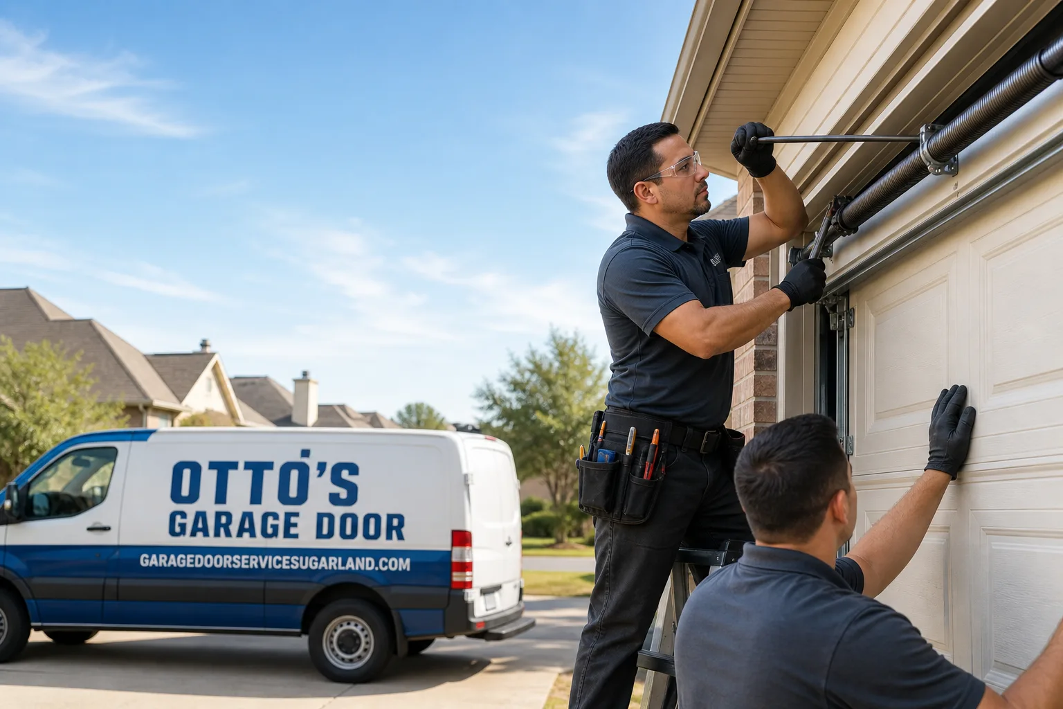 Otto's Garage Door garage door service vehicle and crew in Sugar Land, TX
